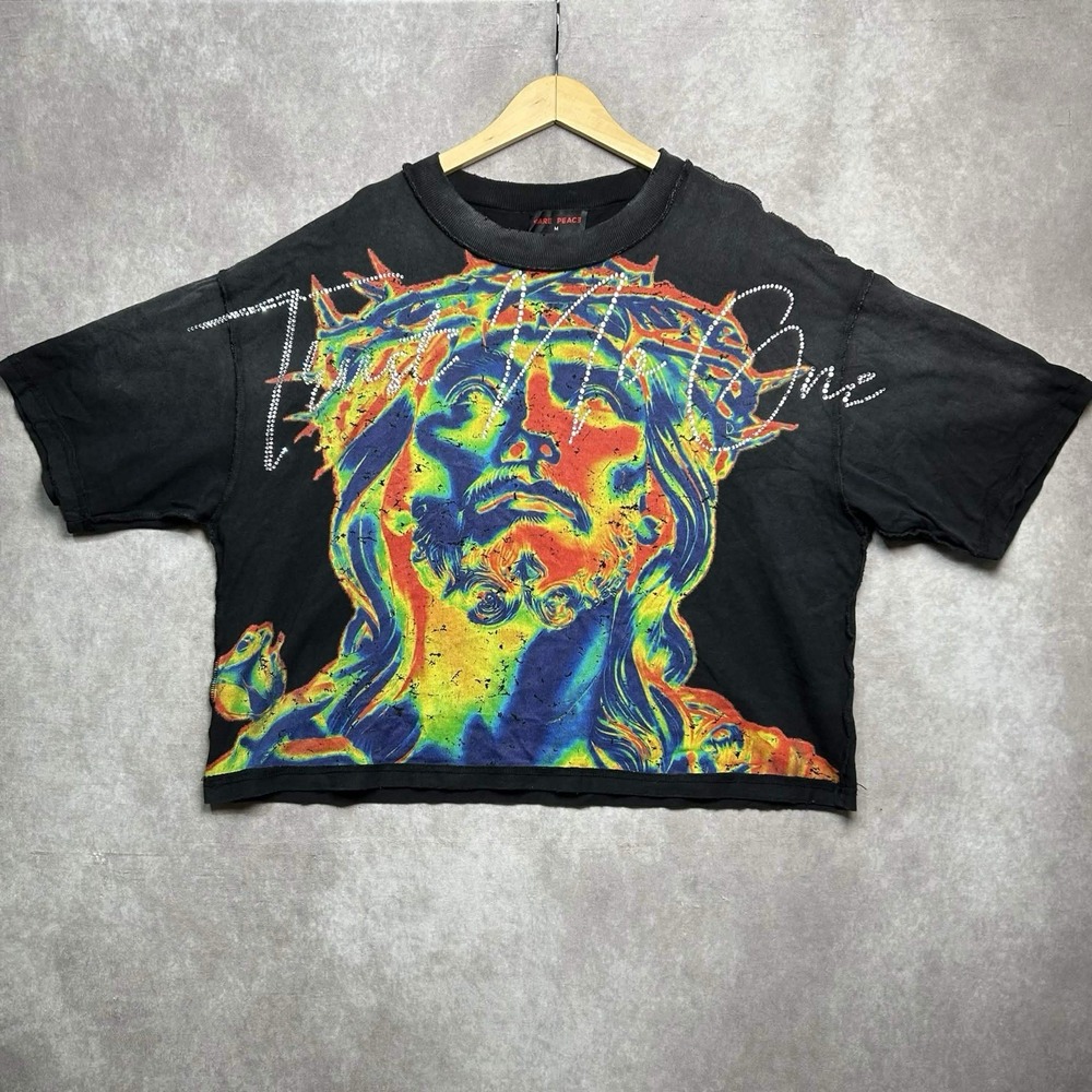 Rare Peace M Thermal Jesus Graphic Crop Tee Rhinestone Boxy Oversized Fit Black